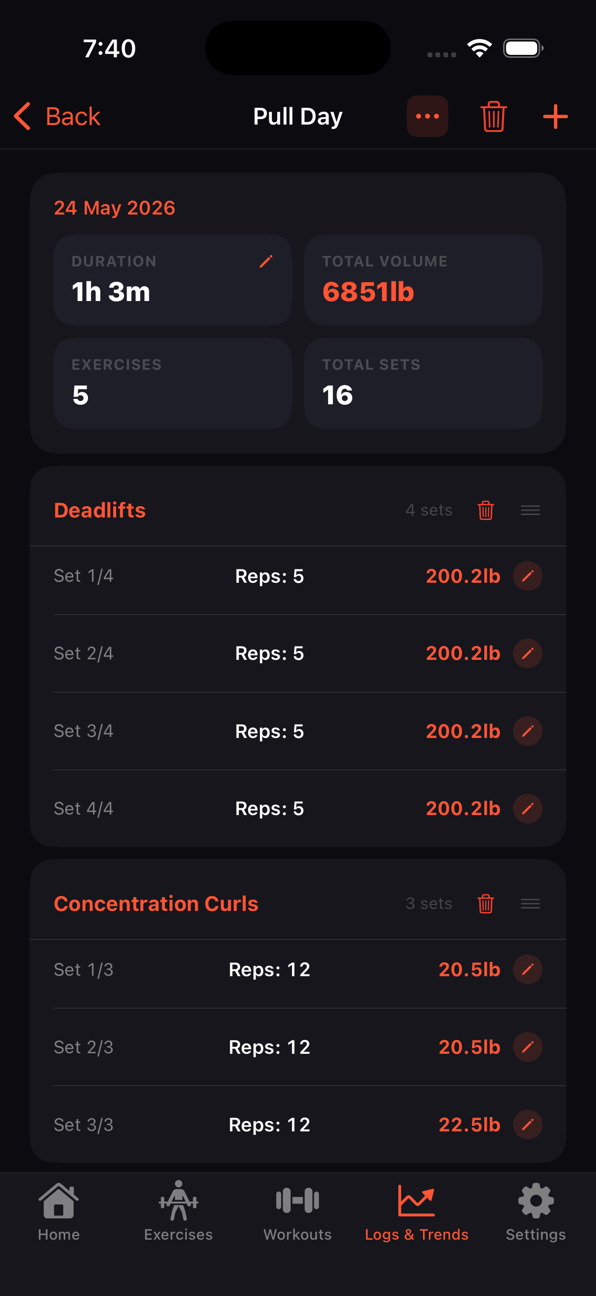 Edit workout logs